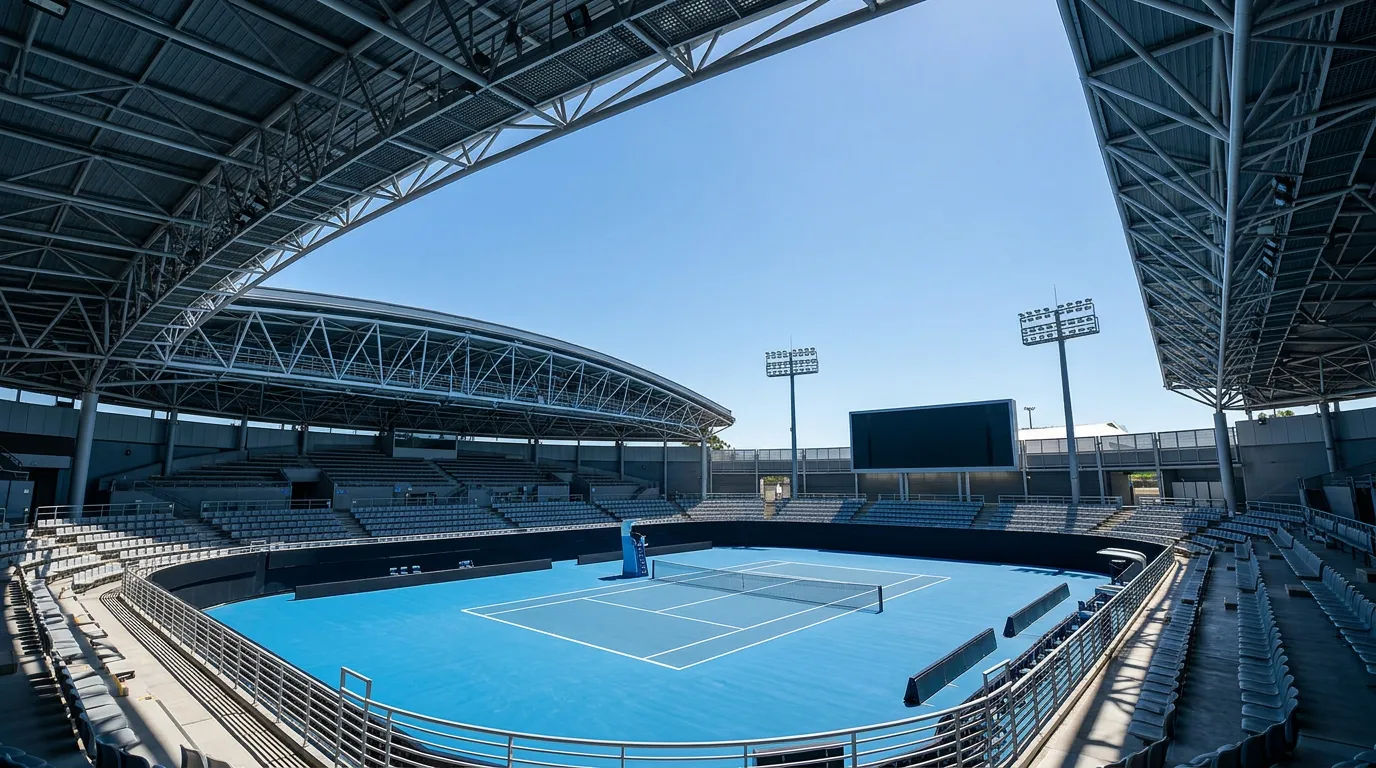 Rod Laver Arena de Melbourne con techo retráctil abierto y cielo despejado de verano australiano