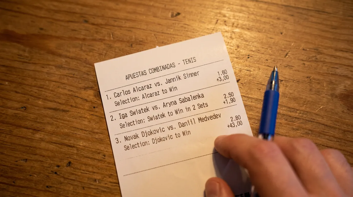 Boleto de apuestas impreso con varias selecciones de partidos de tenis sobre una mesa