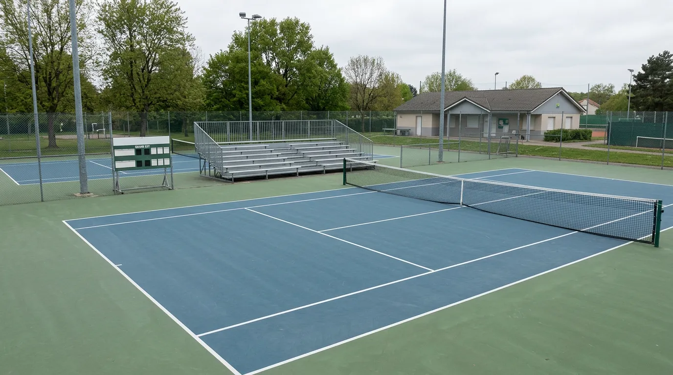 Pista de tenis de un torneo menor con gradas pequeñas y pocos espectadores