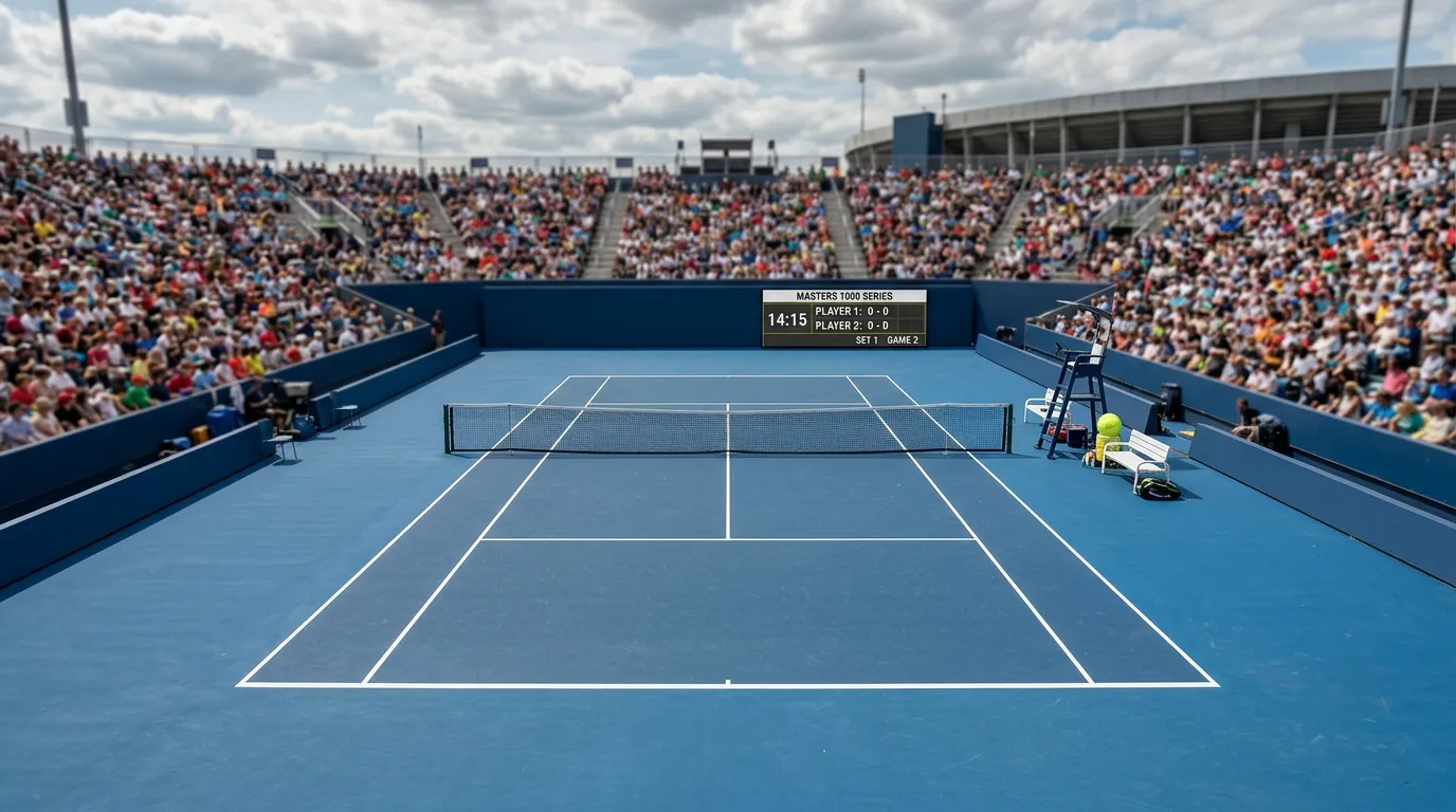 Pista central de un torneo Masters 1000 con gradas llenas y marcador electrónico
