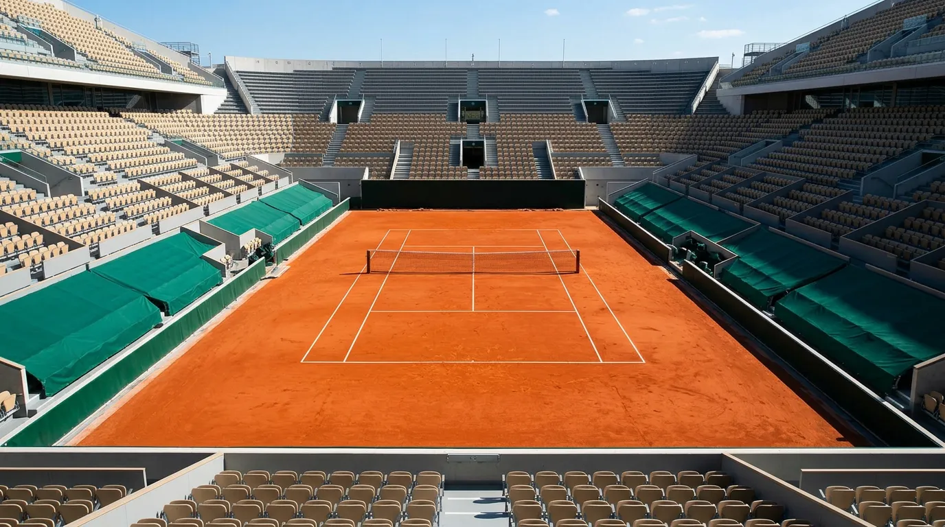 Vista de la pista Philippe-Chatrier de Roland Garros con arcilla naranja y gradas