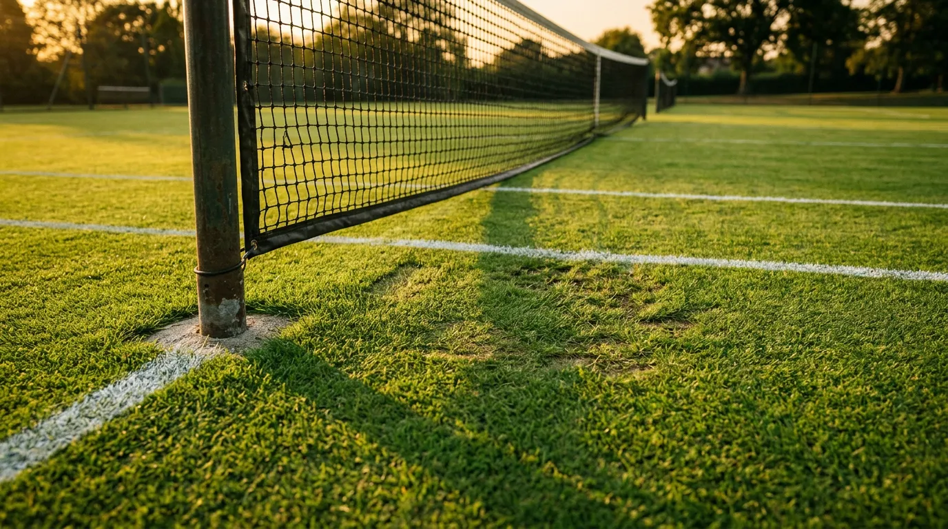 Pista de hierba con la red de tenis y marcas de desgaste en la línea de fondo