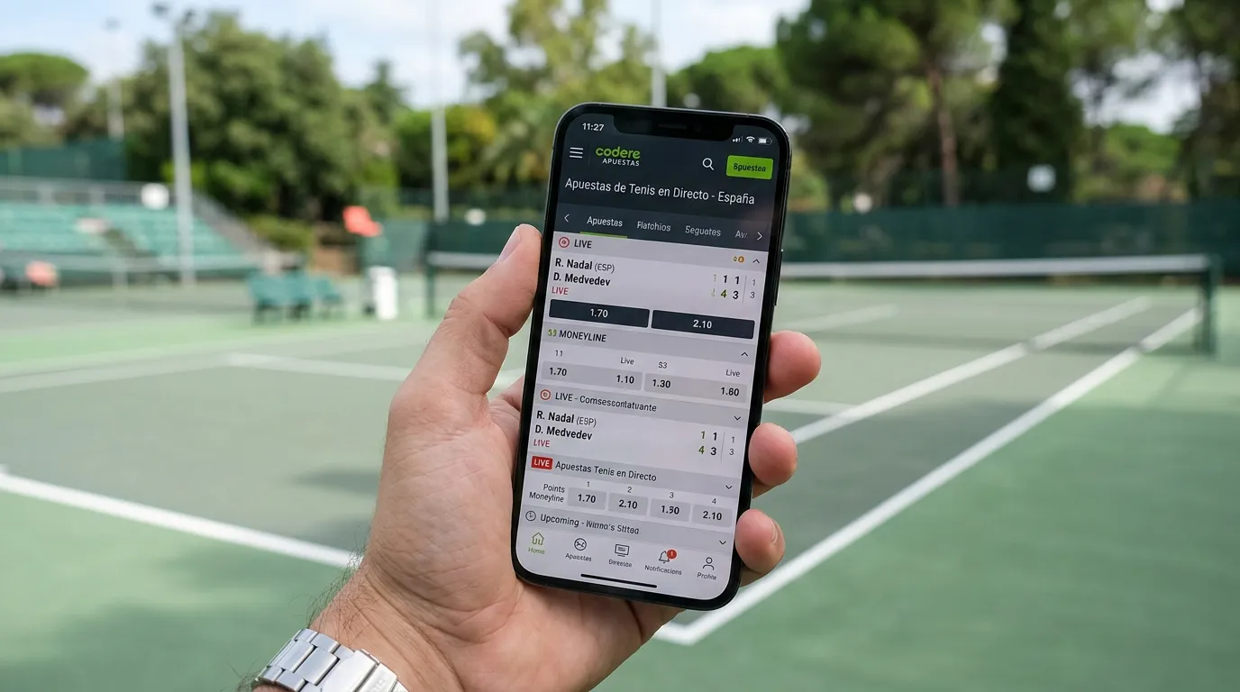 Mano sosteniendo un móvil con mercados de apuestas de tenis en pantalla