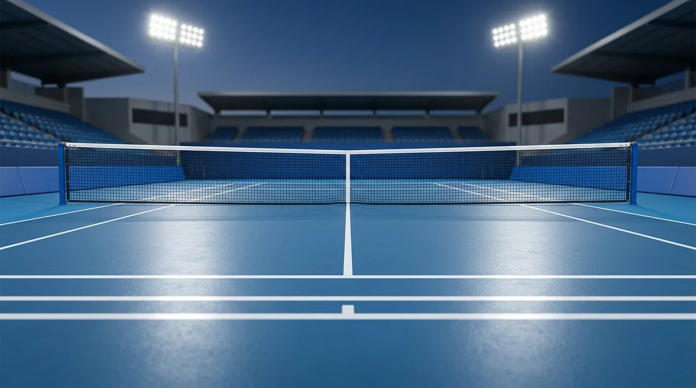 Pista dura de tenis con superficie azul y líneas blancas bajo luz artificial