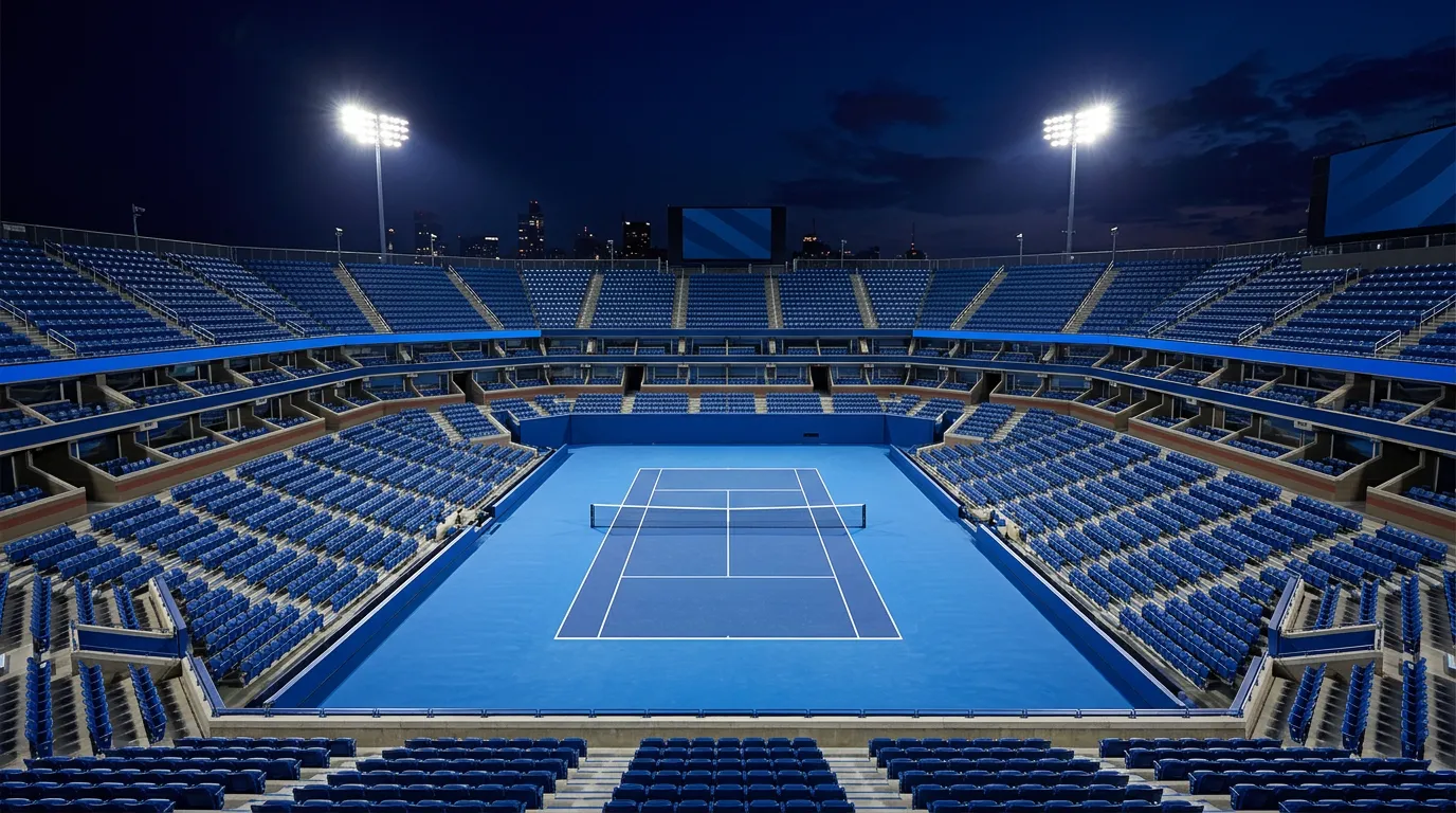 Arthur Ashe Stadium de noche con los focos encendidos y la pista dura azul