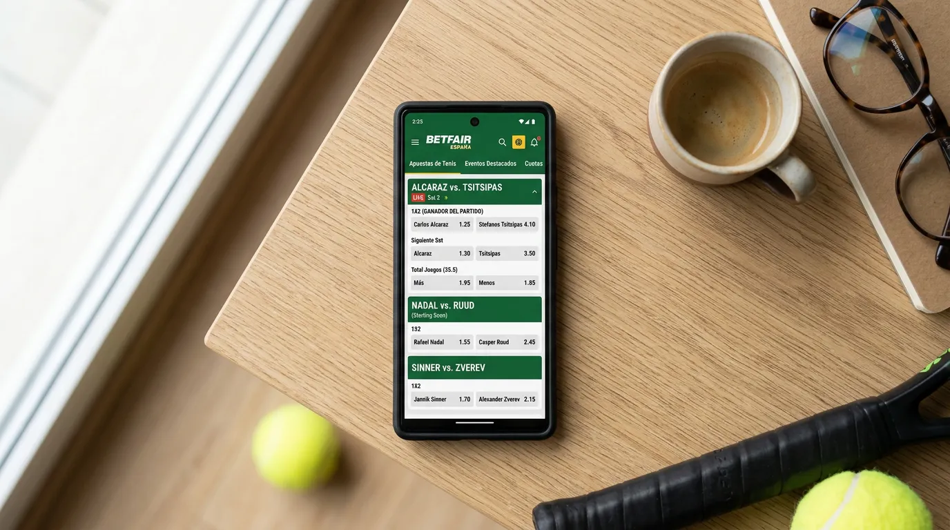 Teléfono móvil mostrando mercados de apuestas de tenis en una aplicación española