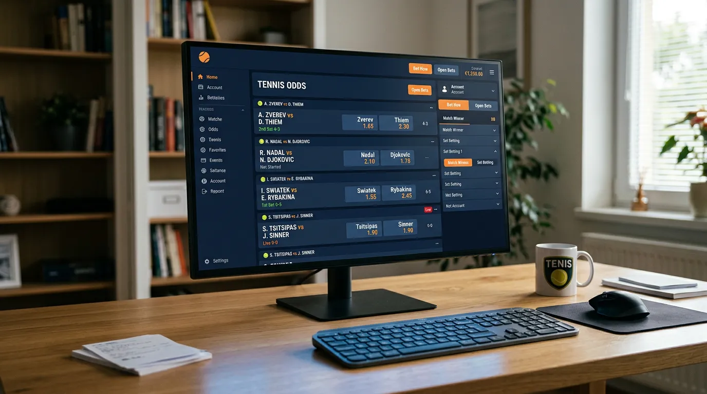 Pantalla de ordenador mostrando cuotas decimales de varios partidos de tenis
