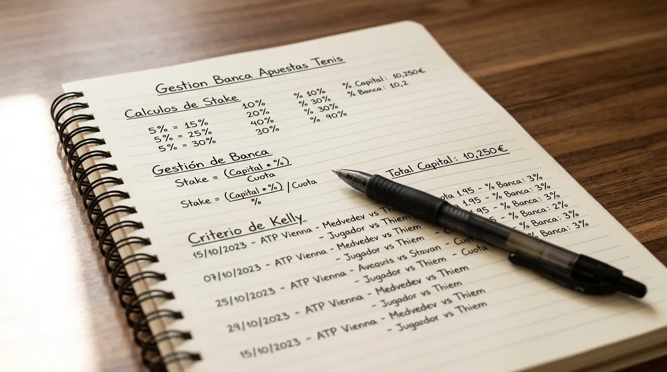 Libreta con anotaciones de porcentajes de apuestas junto a un bolígrafo sobre una mesa de madera