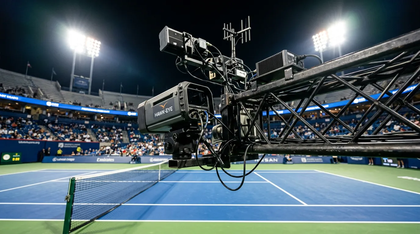 Cámaras del sistema Hawk-Eye instaladas sobre una pista de tenis profesional durante un torneo