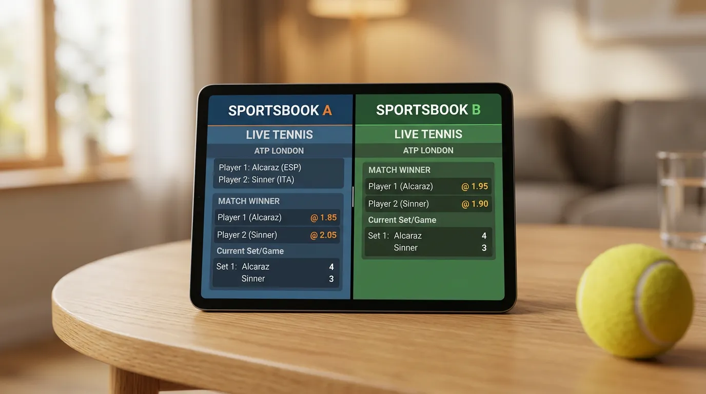 Dos cuotas opuestas en una pantalla de apuestas en vivo de tenis