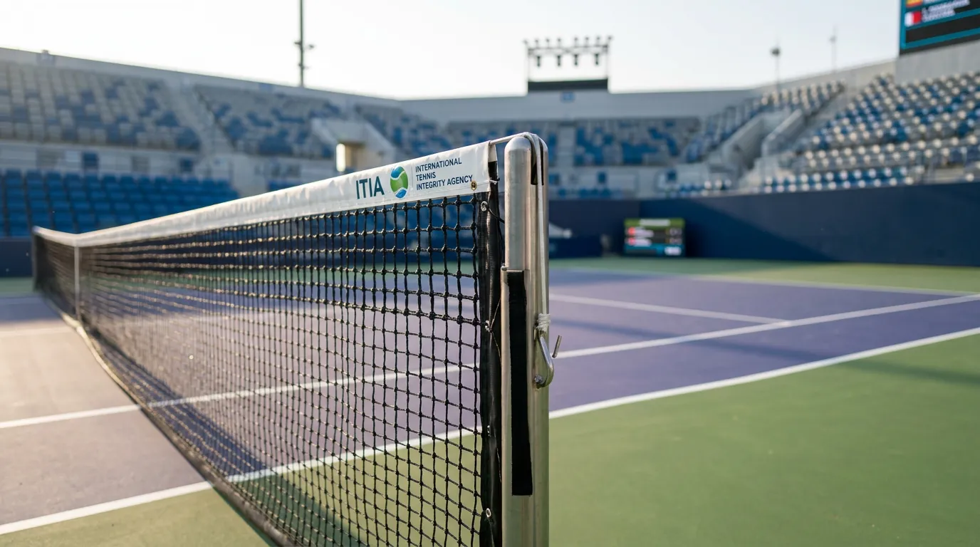 Red de una pista de tenis profesional vista de cerca con la superficie de juego al fondo