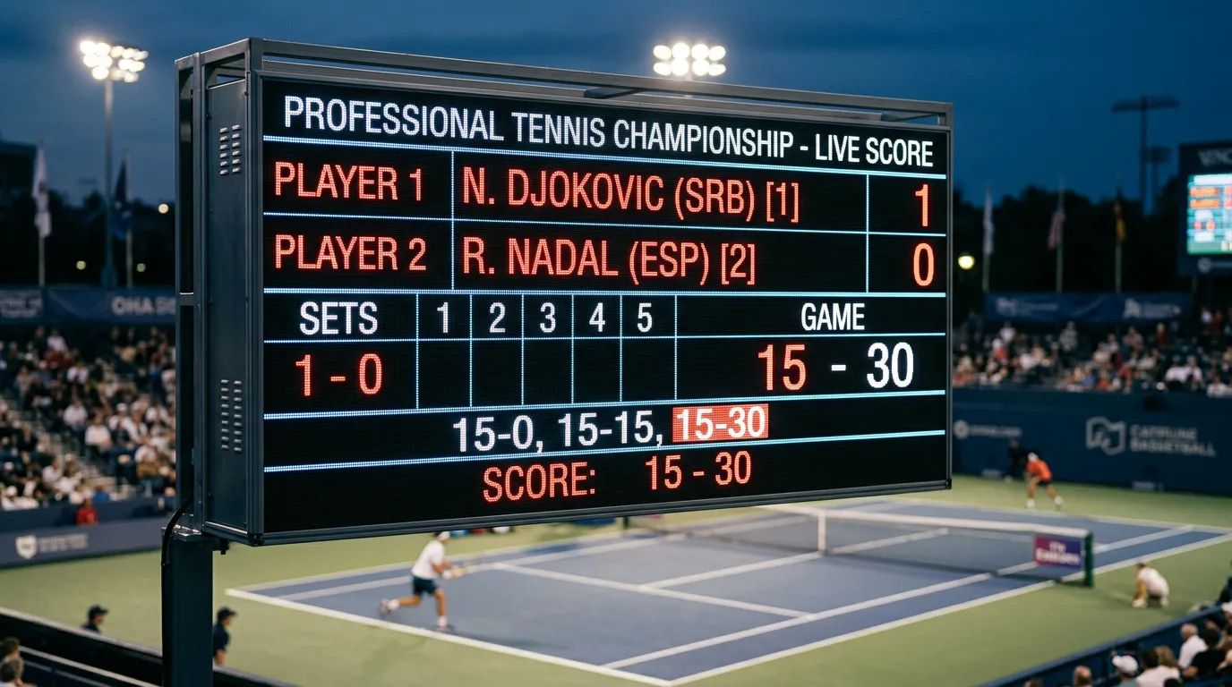 Marcador electrónico de un partido de tenis profesional mostrando el resultado punto a punto