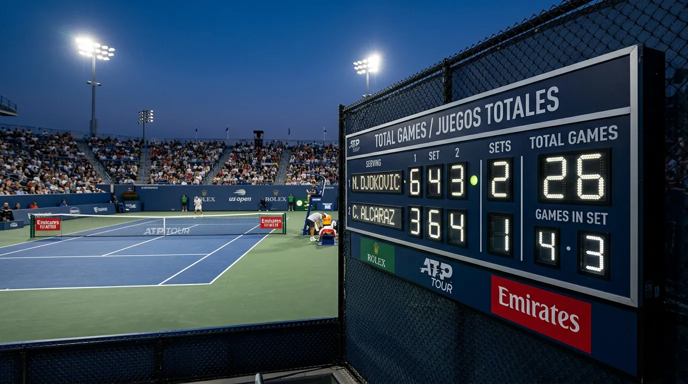 Marcador de tenis con total de juegos resaltado en un partido profesional