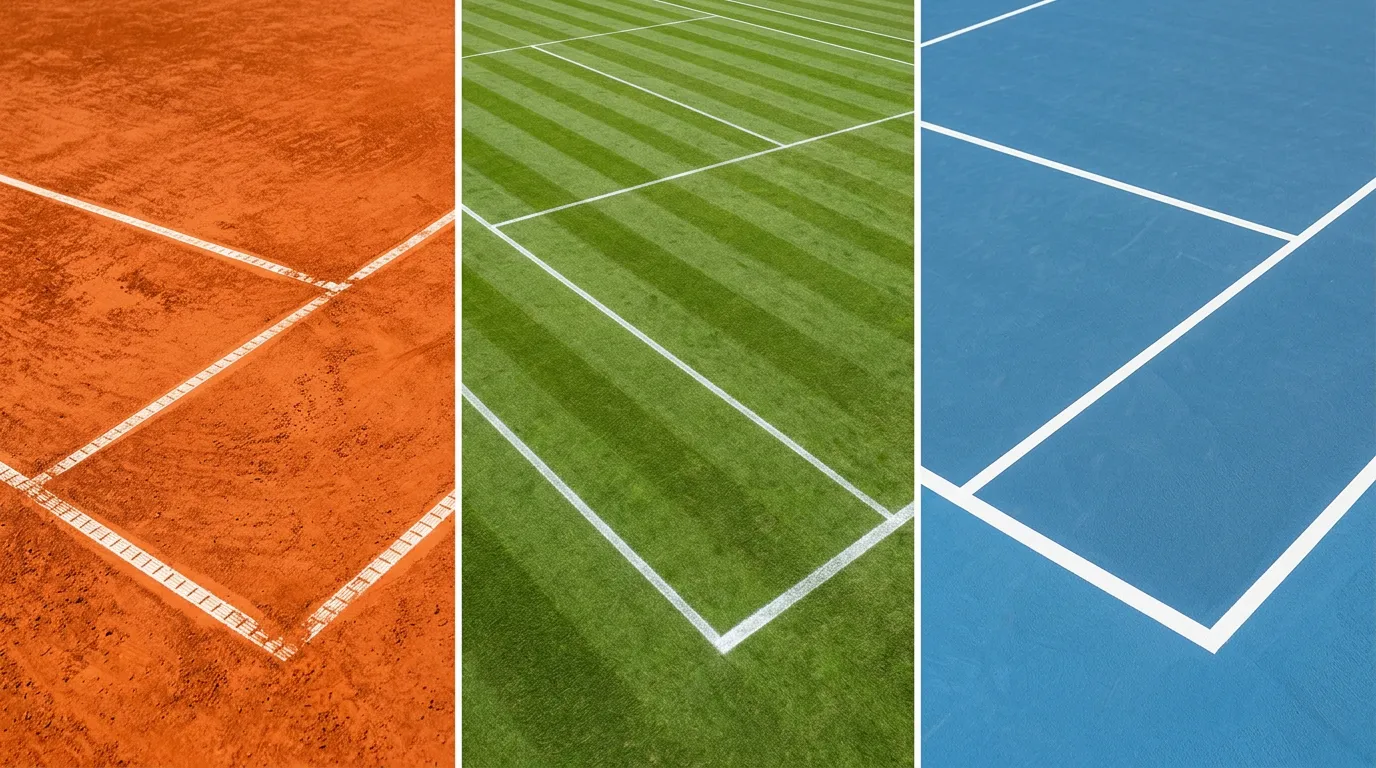Tres superficies del tenis profesional: tierra batida, hierba y pista dura con sus características para apuestas